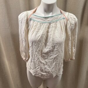Current Air Los Angeles Cream Embroidered Peasant‎ Top Blouse Womens XS